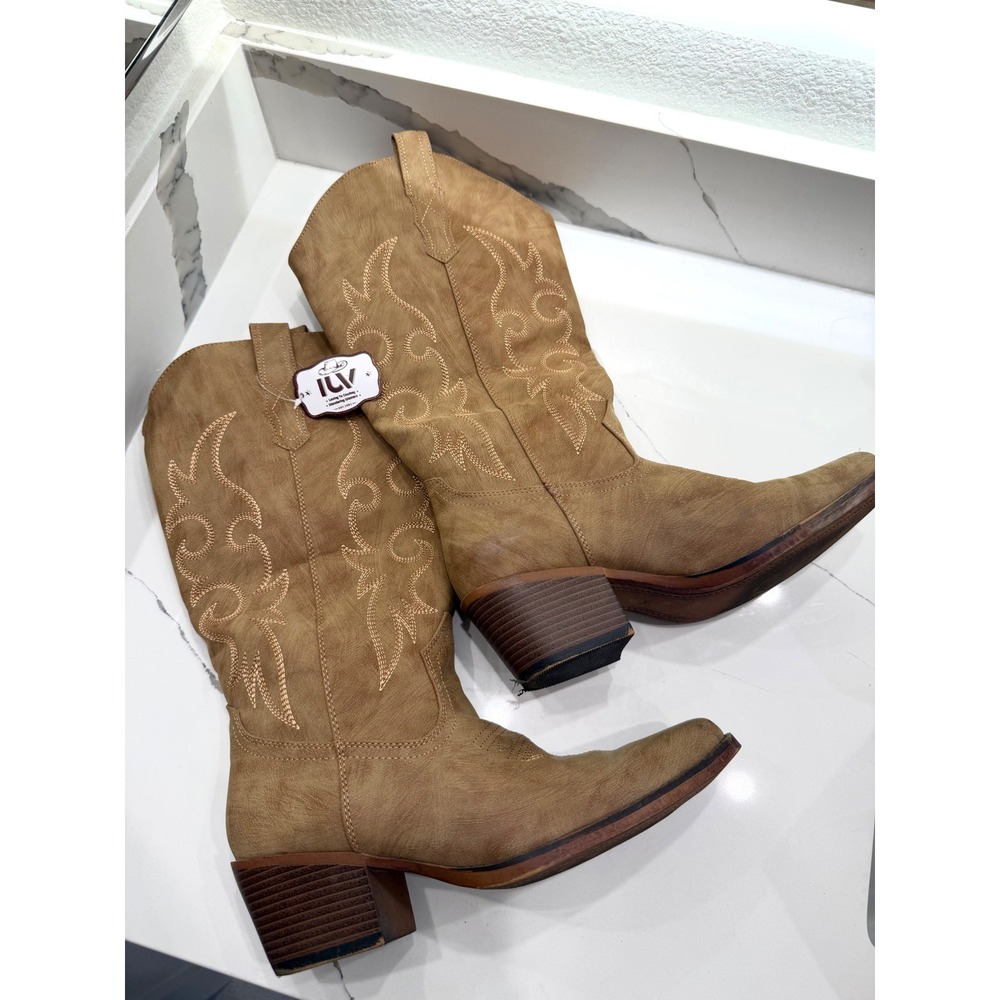IUV Women Tan Brown Western Cowboy Boots Pointed Toe Block Heel Size 8 - Picture 2 of 7